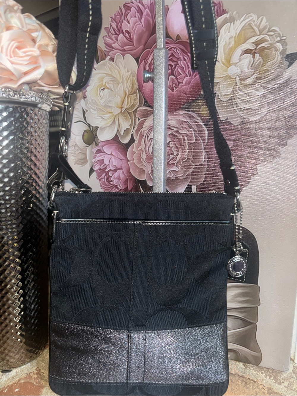 Coach Black Signature Crossbody with Metallic Accent